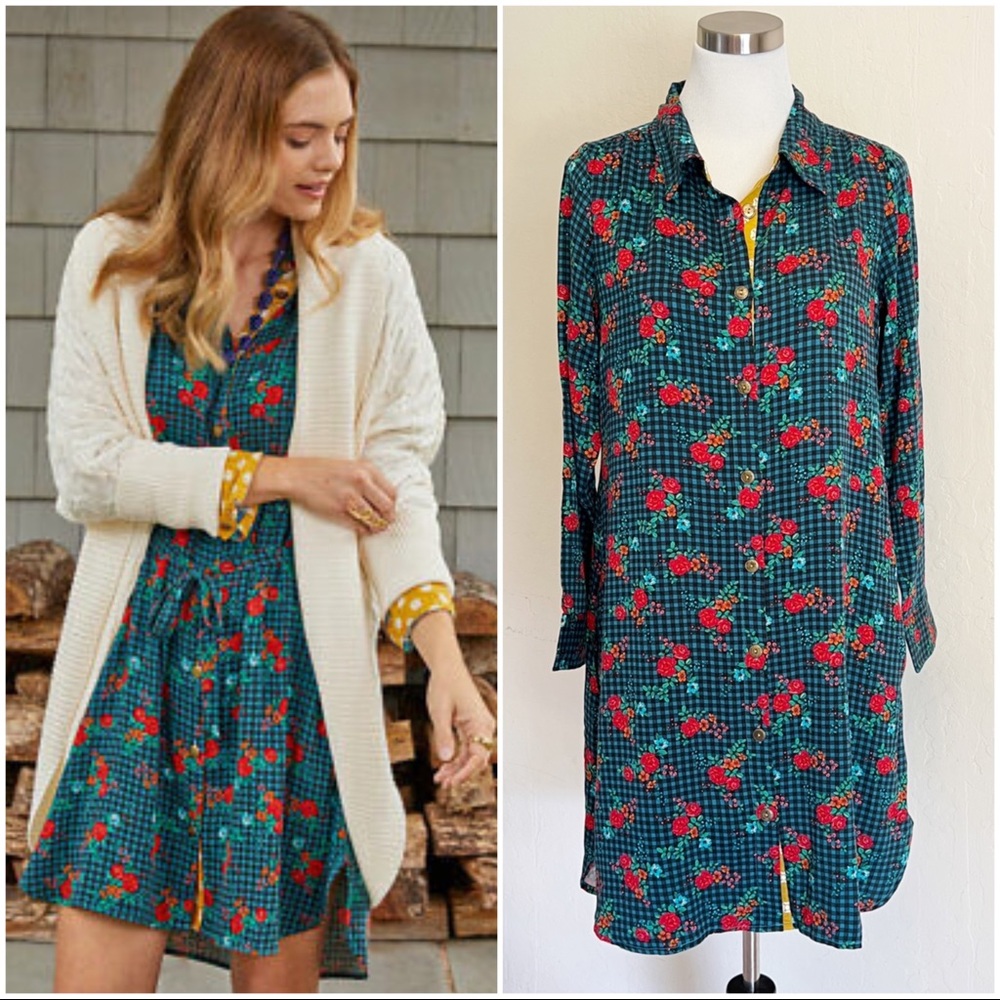 •MATILDA JANE• Choose Your Own Path Fa La La Plaid Floral Shirt Dress Size S